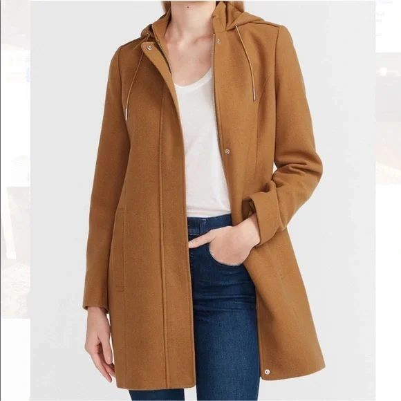 Express Women’s Camel Hooded Soft Wool-Blend Coat Size Small - Picture 2 of 15